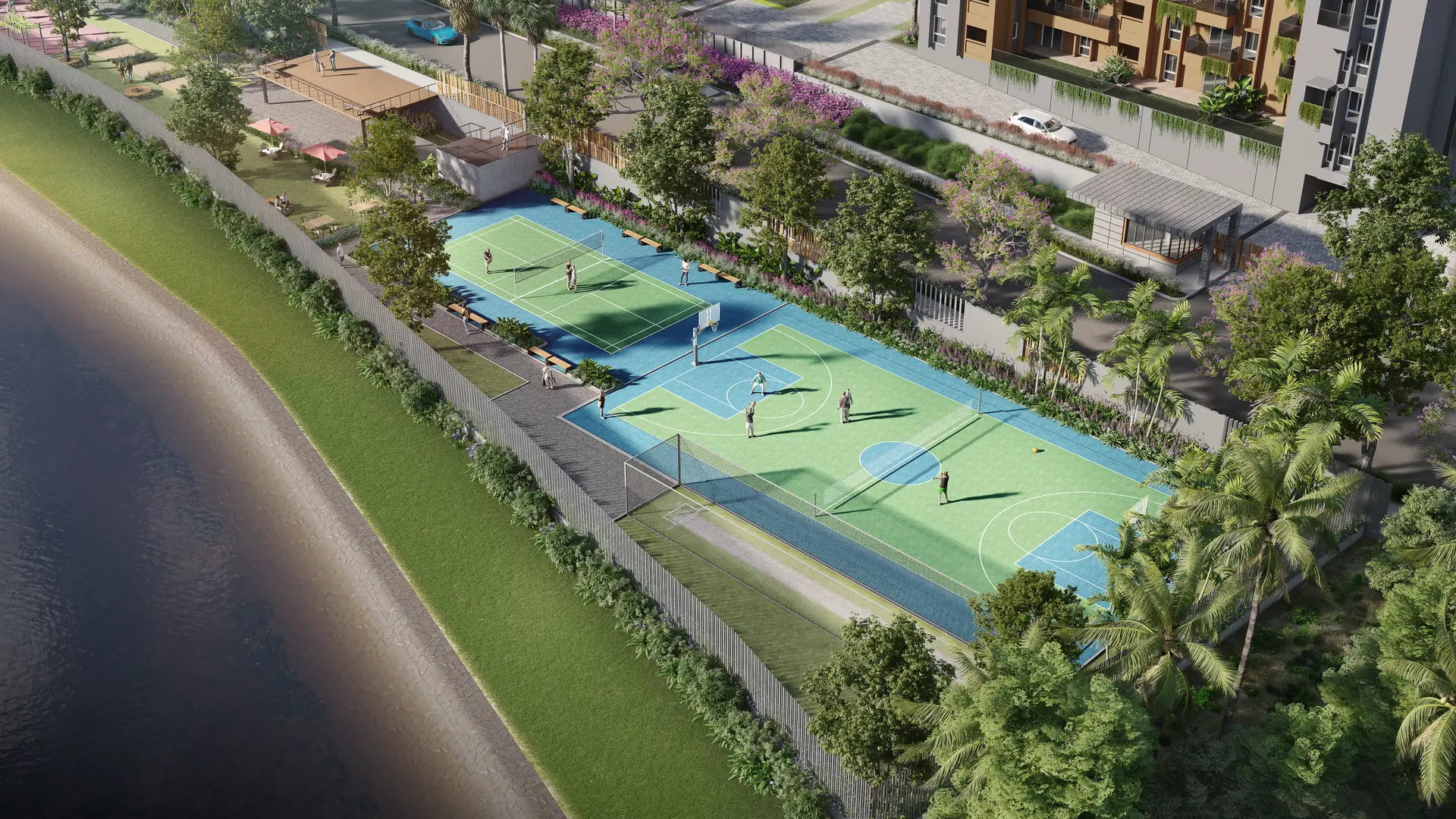 Sports courts by the lake
