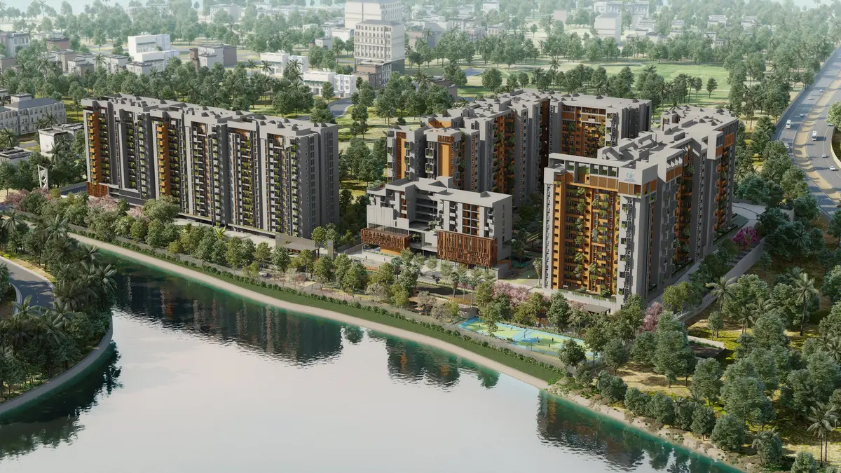 GRC Sapphire Springs tower elevation with green balconies and palm trees